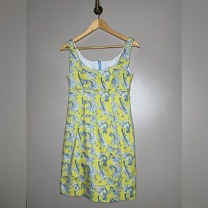 Kaeli Smith Designs Chartreuse Blue Scroll Print Zip Front Dress XS